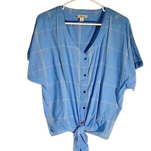 Style & Co Blue Plaid Button Front Tie Hem Short‎ Sleeve Blouse L
